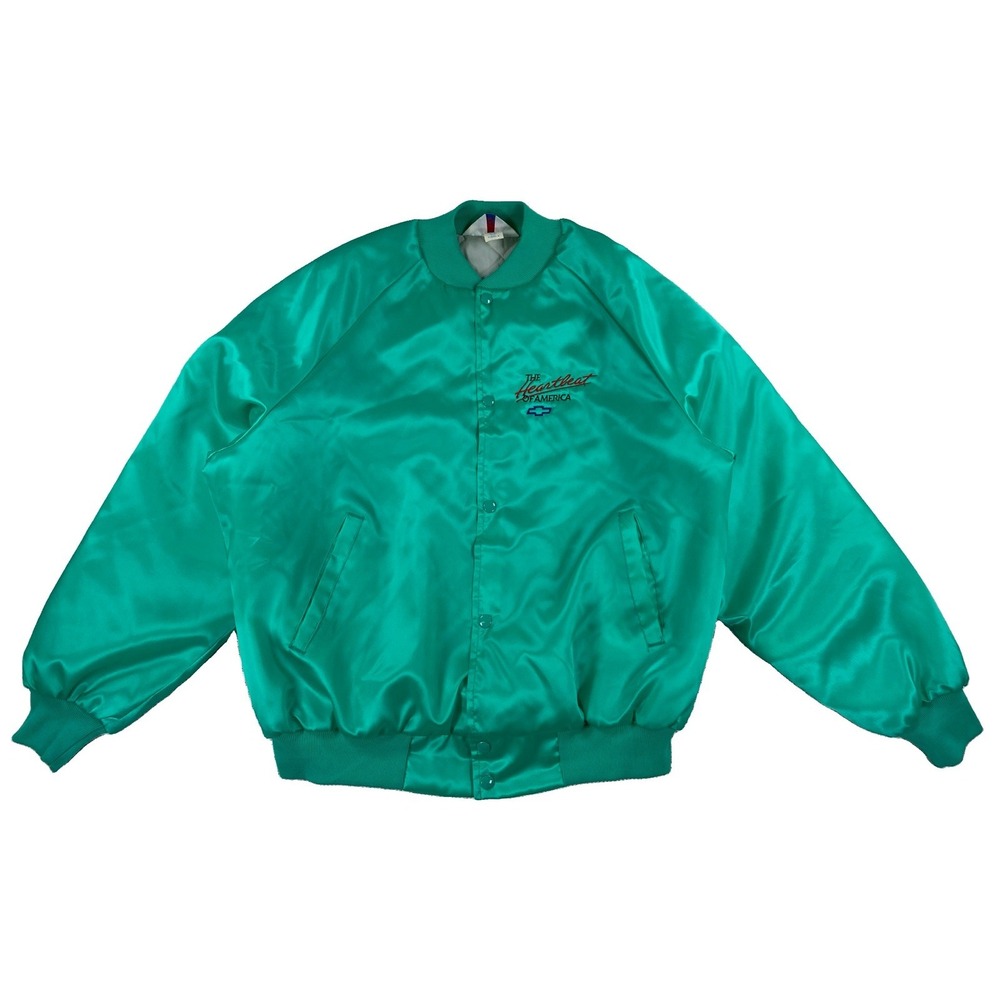 Vintage Chevrolet Chevy The Heartbeat Of America Satin Jacket Size XL Teal